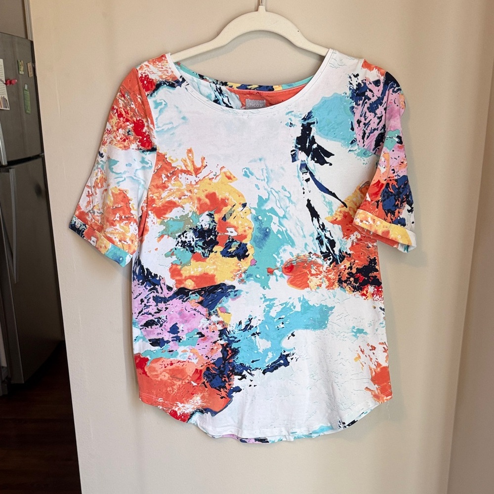Chico's Multicolor Abstract Floral Short Sleeve Tee